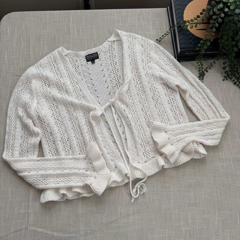 White Open Knit Cardigan Tie Front Ruffle Hem Cottagecore Sweater Large